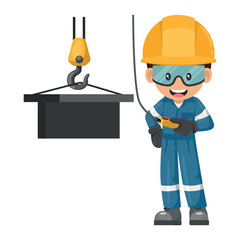 Industrial construction worker using an overhead crane to move a piece of metal. Worker with his personal protective equipment. Industrial safety and occupational health at work
