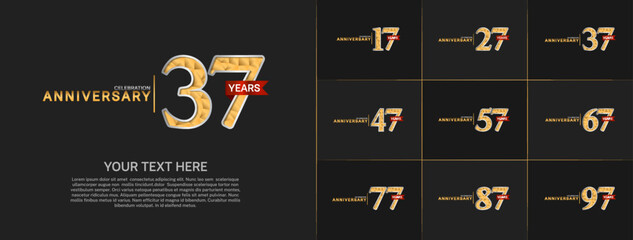 Naklejka premium set of anniversary golden color and red ribbon can be use for celebration event