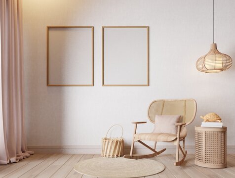 Mockup frame on white wall White living room interior with bohemian wood furniture minimalist style house.3d rendering