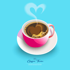 t's coffee time concept. Pink Coffee Cup with heart shape smoke on blue background. it's coffee time,  coffee love on valentine's day. Vector