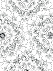 Doodle floral pattern in black and white. A page for coloring book: fascinating and relaxing job for children and adults. Zentangle drawing. Flower carpet in a magic garden