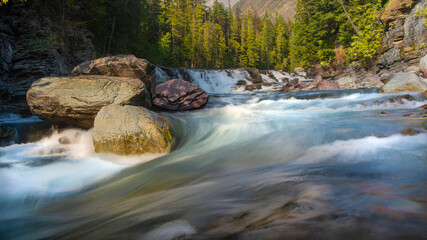 Montana mountain river flowing long exposure