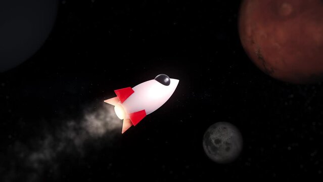 Seamless Loop 3D Render Traveler Rocket Jet Flying On Star Field Galaxy Space To Mars Red Planet 3D Illustration