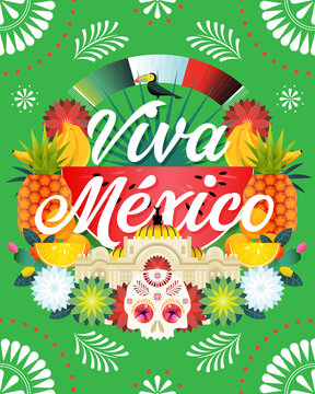 Ilustración dedicada a celebrar la independencia de México con la leyenda "Viva México", con colores patrios y objetos típicos mexicanos. 
