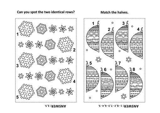 Two visual puzzles and coloring page for children. Find identical rows of snowflakes. Match the halves of baubles. Winter holidays, Christmas or New Year themed. Black and white.
