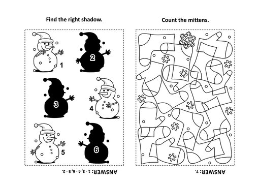 Two visual puzzles and coloring page for kids. Find the shadow for each picture of snowman. Count the mittens. Black and white. Answers included.

