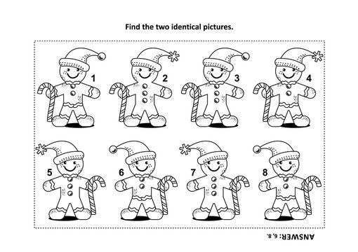IQ training find the two identical pictures with gingerbread man visual puzzle and coloring page. Answer included.

