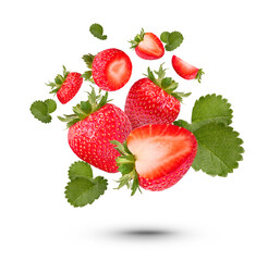 Fresh strawberries with leaves isolated on transparent background (.PNG)