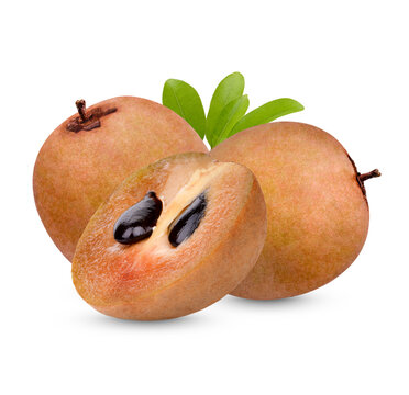 Fresh sapodilla with leaves isolated on transparent background (.PNG)