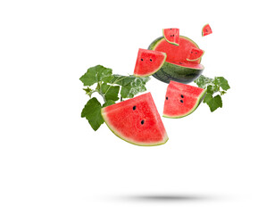 Water splash on watermelon with leaves isolated on transparent background (.PNG) - Powered by Adobe