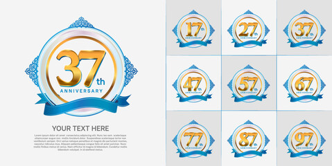 set of anniversary golden color and blue ribbon can be use for celebration moment