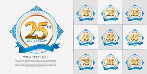 set of anniversary golden color and blue ribbon can be use for celebration moment