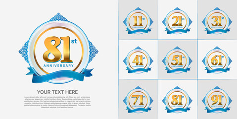 set of anniversary golden color and blue ribbon can be use for celebration moment