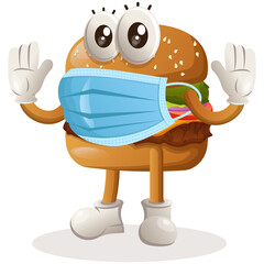 Cute burger mascot design wearing medical mask, protect from covid-19. Burger cartoon mascot character design. Delicious food with cheese, vegetables and meat. Cute mascot vector illustration