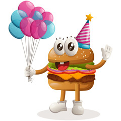 Fototapeta premium Cute burger mascot design wearing a birthday hat, holding balloons. Burger cartoon mascot character design. Delicious food with cheese, vegetables and meat. Cute mascot vector illustration