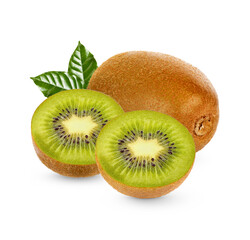 Fresh Kiwi fruit with leaves isolated on white background
