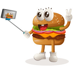 Cute burger mascot design takes a selfie with smartphone. Burger cartoon mascot character design. Delicious food with cheese, vegetables and meat. Cute mascot vector illustration