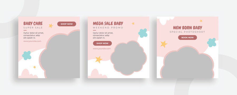 Set of editable templates for Instagram post, Facebook square, social media, baby stuffs collection, accessories, advertisement, and business promotion, fresh design and minimalist vector (2/3)