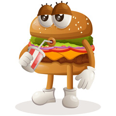 Cute burger mascot design drinking soda, cola. Burger cartoon mascot character design. Delicious food with cheese, vegetables and meat. Cute mascot vector illustration