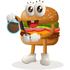 Cute burger mascot design drinking coffee, coffee time. Burger cartoon mascot character design. Delicious food with cheese, vegetables and meat. Cute mascot vector illustration