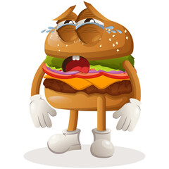 Cute burger mascot design crying. Burger cartoon mascot character design. Delicious food with cheese, vegetables and meat. Cute mascot vector illustration