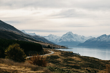 View of the majestic Aoraki Mount Cook with the road leading to Mount Cook Village. Taken during...