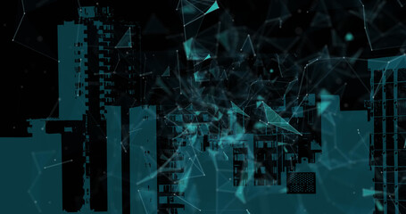 Image of moving shapes over cityscape