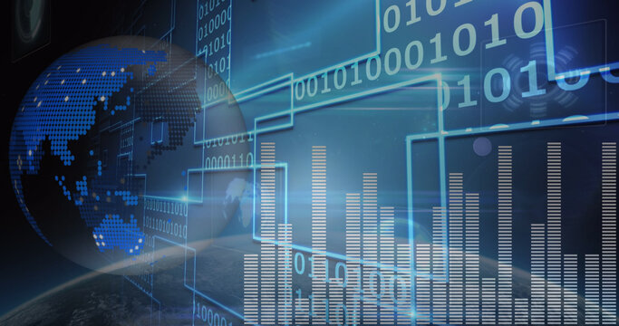 Image of data processing and binary coding on screen over planet earth