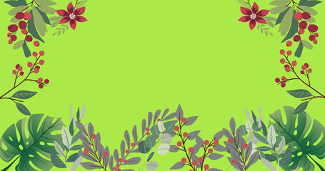 Image of foliage, berries and flowers framing copy space on light green background
