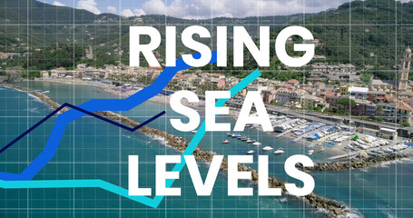 Rising Sea Levels text and blue graphs moving against coastline with harbor 