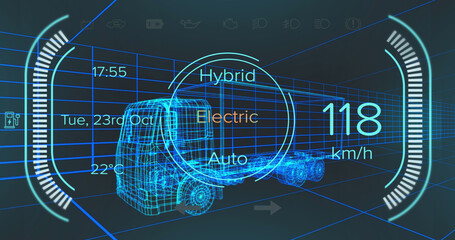 Image of speedometer and power status data on hybrid vehicle interface, over 3d truck model - obrazy, fototapety, plakaty