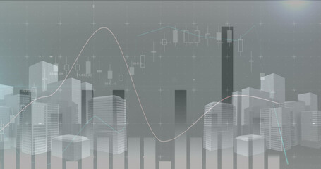 Image of financial data processing over cityscape