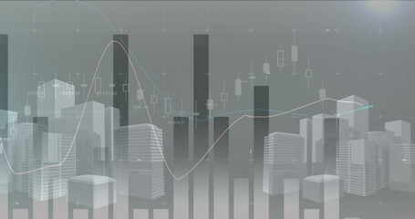 Image of financial data processing over cityscape