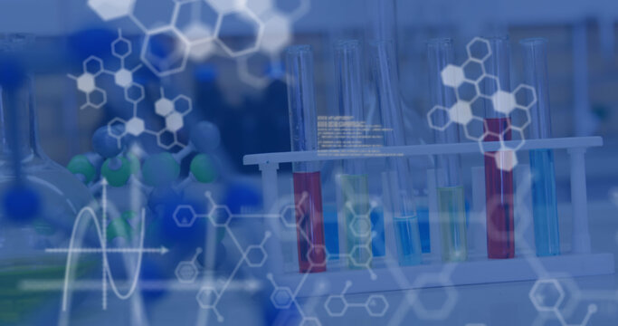 Image of medical data processing and chemical compound structures against scientific laboratory