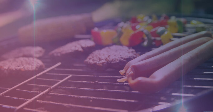 Image of light spots over meat and vegetables on barbecue