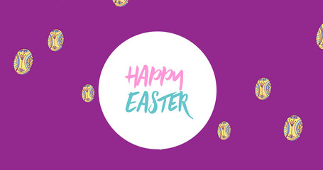 Image of happy easter text over easter eggs on purple background