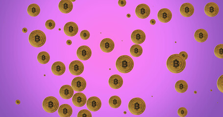 Image of bitcoins pulsating on purple background
