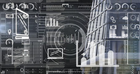 Image of financial data processing over building