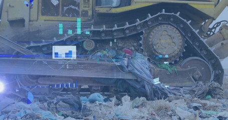 Image of statistics and data processing over buildozer at waste disposal site