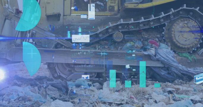 Image of statistics and data processing over buildozer at waste disposal site