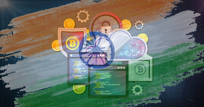 Image of bitcoin symbol and data processing over flag of india in background