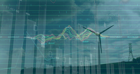 Image of statistics and data processing over wind turbine on blue background