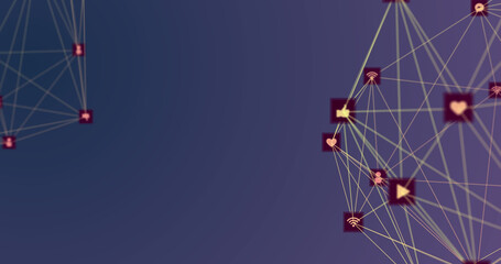 Image of network of connection and icons over blue background