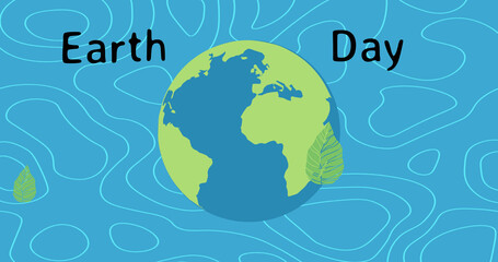 Image of earth day text over globe and leaves on blue background