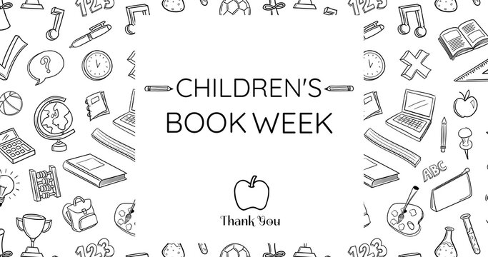 Image of children book week text over school items on white background