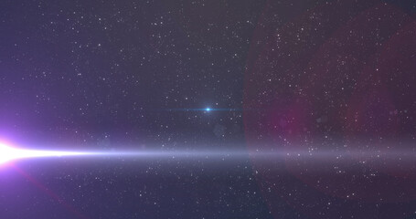 Image of glowing blue light moving over spots of light and stars in background
