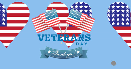 Image of veterans day thank you text with american flags and flag hearts on blue, then white