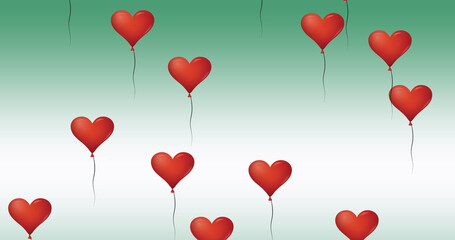 Plakat Digital image of multiple red heart shaped balloons floating against green background