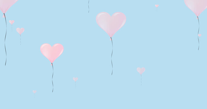 Image of flying pink hearts balloons on blue background
