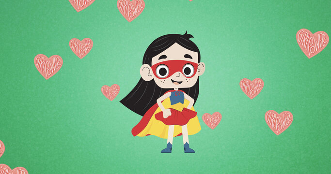 Image of super hero girl, over flying hearts